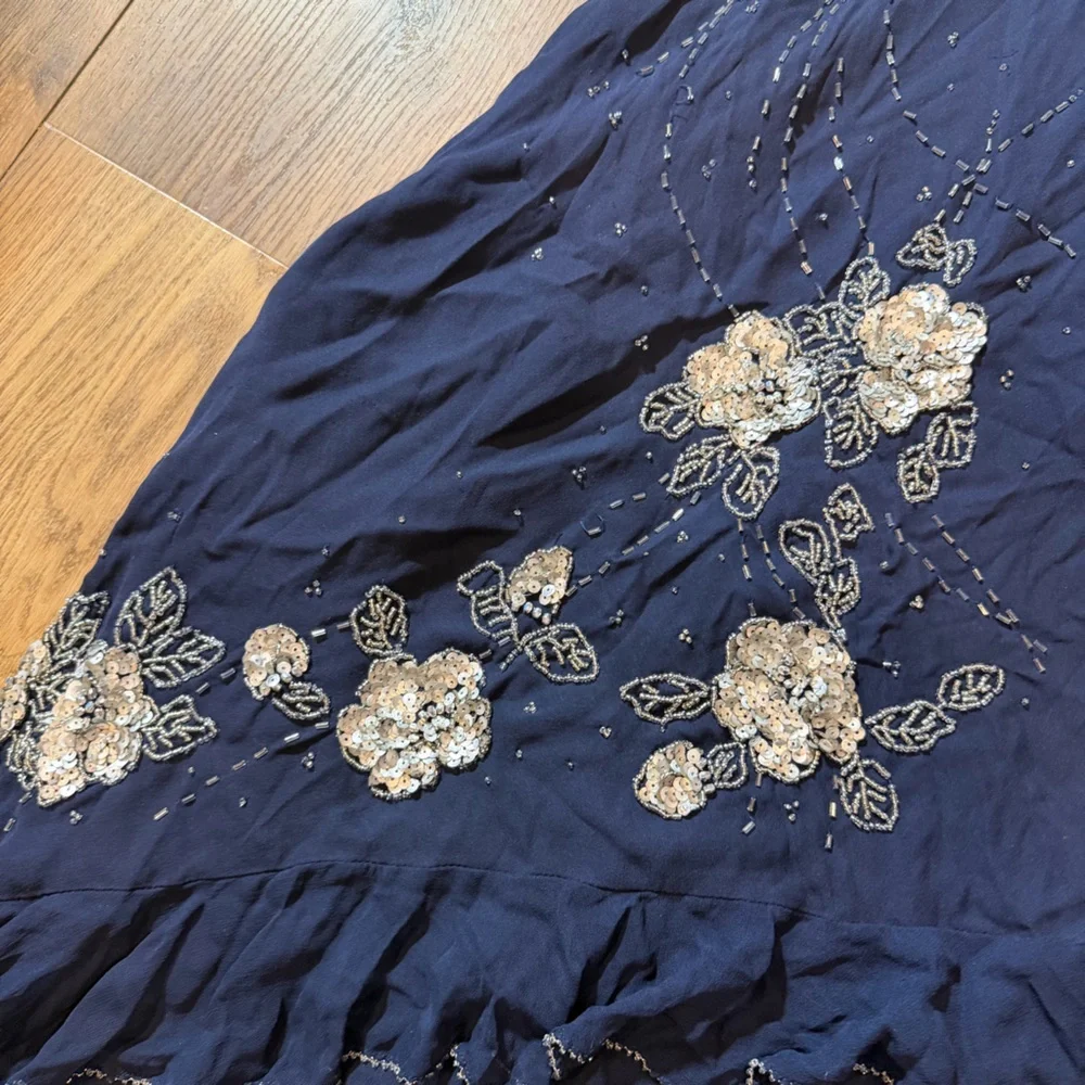 Vintage Y2K 100% Silk Beaded Dress Blue Floral Beaded Fairy Ruffle Prom Dress - Picture 4 of 16